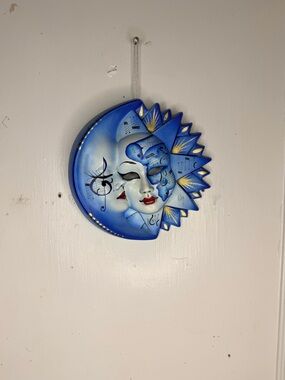 Beautiful Italian Hand Painted Blue & Gold Sun Moon Ceramic Wall Mask, Signed